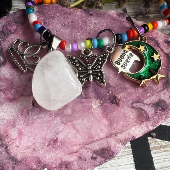 Green and White Bohemian Necklace with Charms phantom quartz